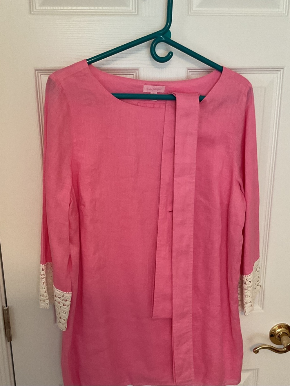 Lilly Pulitzer Pink Tie-Neck Tunic with Lace Trim
